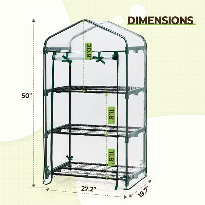 EAGLE PEAK Mini Greenhouse with Wire Shelves, Portable Indoor & Outdoor Garden Green House with Roll-Up Zipper Door, 3 Tier , 27"x19"x50", Clear PVC Cover