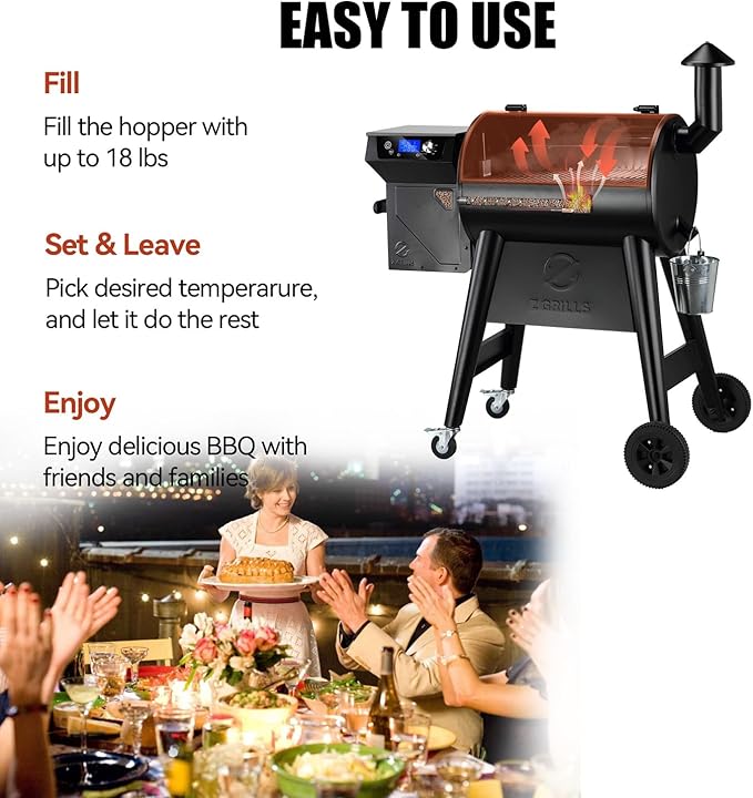 Z GRILLS Wood Pellet Grill Smoker with PID 2.0 Controller, 459 SQ.IN, 450°F Max Temperature, 8 in-1 BBQ Grill, LCD Screen, Meat Probes, Rain Cover, Backyard Camping Bake and Roast, 450E