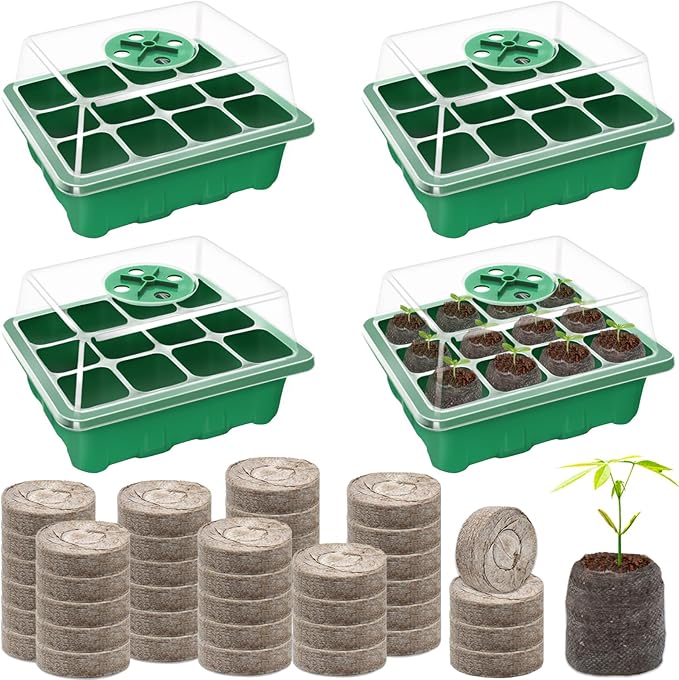 Halatool 4 Pack Seed Starter Tray with 50 PCS Peat Pellets, 48 Cells Green Seeding Starter Trays for Organic Seed Stater Soil Pods for Planting Vegetables Plants Flowers - Starting Seeds Kit