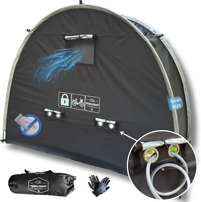 Anti-Theft Outdoor Storage Shed | Triple-Security Tent: Rugged Zipper Lock, Rear Security Anchoring, Privacy Mesh Cover | Protecting Valuable Gear & Bikes | Portable Weatherproof | Fits 2 e-Bikes