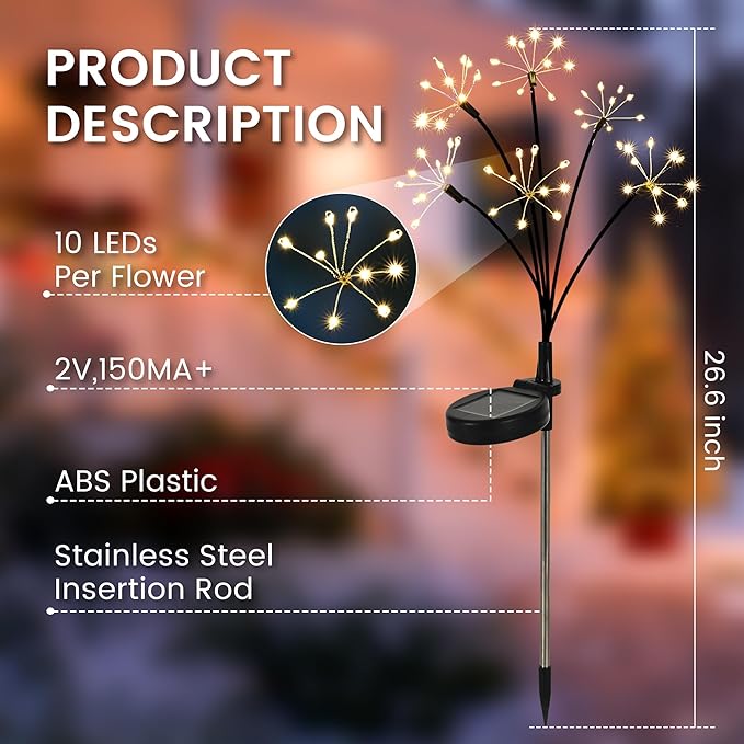 Solar Christmas Lights Outdoor, Solar Garden Decor, Outdoor Christmas Decorations, Gardening Supplies, Solar Powered Lights Waterproof for Yard Patio, Fairy Decor Firwork(1 Pack)