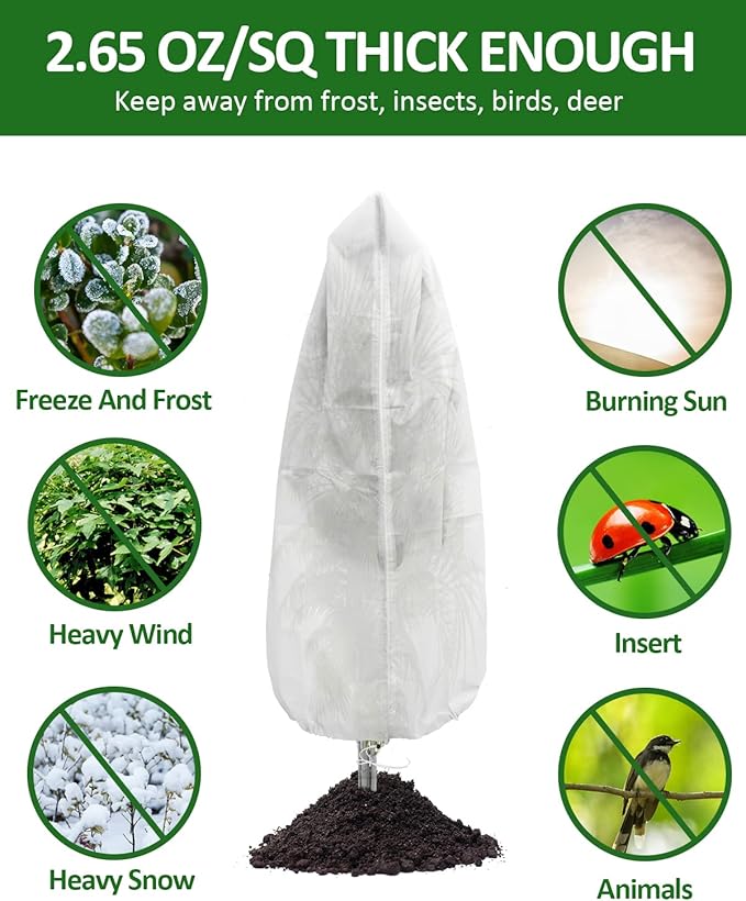 EAONE 4 Pack Plant Covers Freeze Protection, 47x71'' Winter Frosts Cloth for Outdoor Plants, Reusable Frost Blankets Drawstring Bags for Cold Freeze Sun Protection Bird Insect Prevention, White