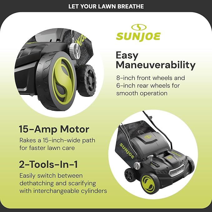 Sun Joe Electric Lawn Dethatcher & Scarifier w/ 13.2-Gal Bag, 15 Amp, 15 Inch, Black/Green - Heavy-Duty Corded Gardening Machine and Equipment for Lawn, Yard, and Grass, AJ808E