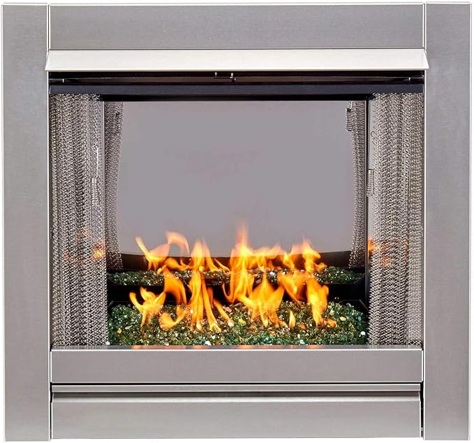 Duluth Forge Ventless Stainless Outdoor Gas Fireplace Insert with Reflective Emerald Glass Media - 24,000 BTU, Manual Control - Model# DF450SS-G-REM