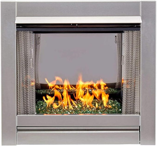 Duluth Forge Ventless Stainless Outdoor Gas Fireplace Insert with Reflective Emerald Glass Media - 24,000 BTU, Manual Control - Model# DF450SS-G-REM
