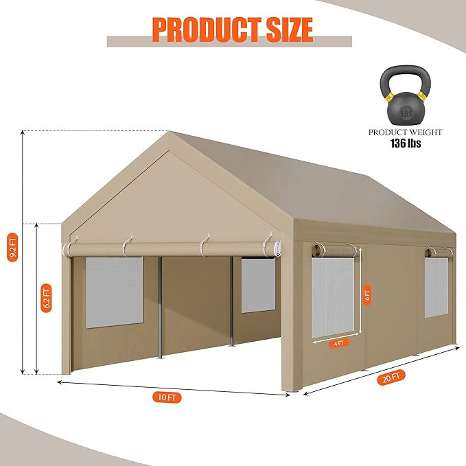 JAMFLY Carport, 10x20 ft Heavy Duty Carport with Roll-up Windows, Portable Garage with Removable Sidewalls & Doors, Car Canopy with Sandbags and All-Season Tarp for Car Boat Truck Motorcycle, Khaki