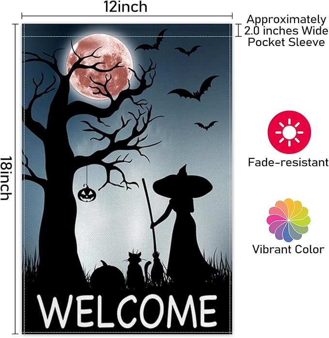 ChloropLastid Halloween Witch Garden Flags 12x18 Inch Double Sided Halloween Full Moon Night Ghost Bats Yard Garden Flags for Patio Lawn Home Outdoor Decor