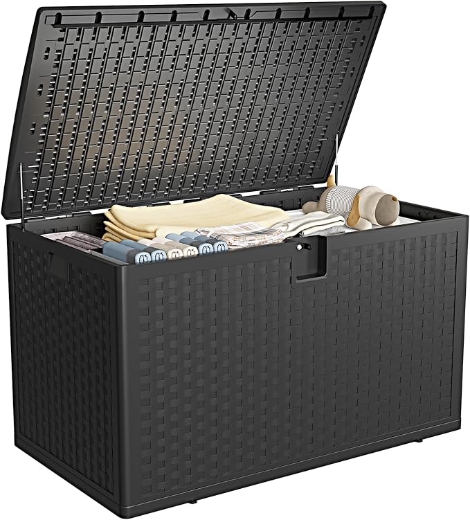 120 Gallon Outdoor Waterproof Storage Box Lockable Outdoor Storage Boxes Deck Storage Boxes for Package Delivery Deck Boxes for Patio Furniture, Garden, Tools - Rattan Black