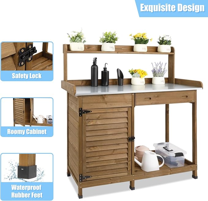 Outdoor Garden Potting Bench Table, 41" L Wooden Potting Table Work Bench for Horticulture, Waterproof Workstation Table with Metal Tabletop/Cabinet/Drawer/Open Shelf (Brown)