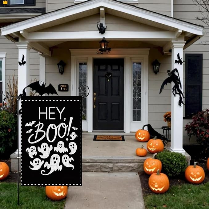 Fokongna Interesting Halloween Ghost Garden Flag, Halloween bat Ghost Hey Boo Garden Flag, 12x18 Inch Burlap Vertical Double Sided Flags, for Home Yard Outside Decorations
