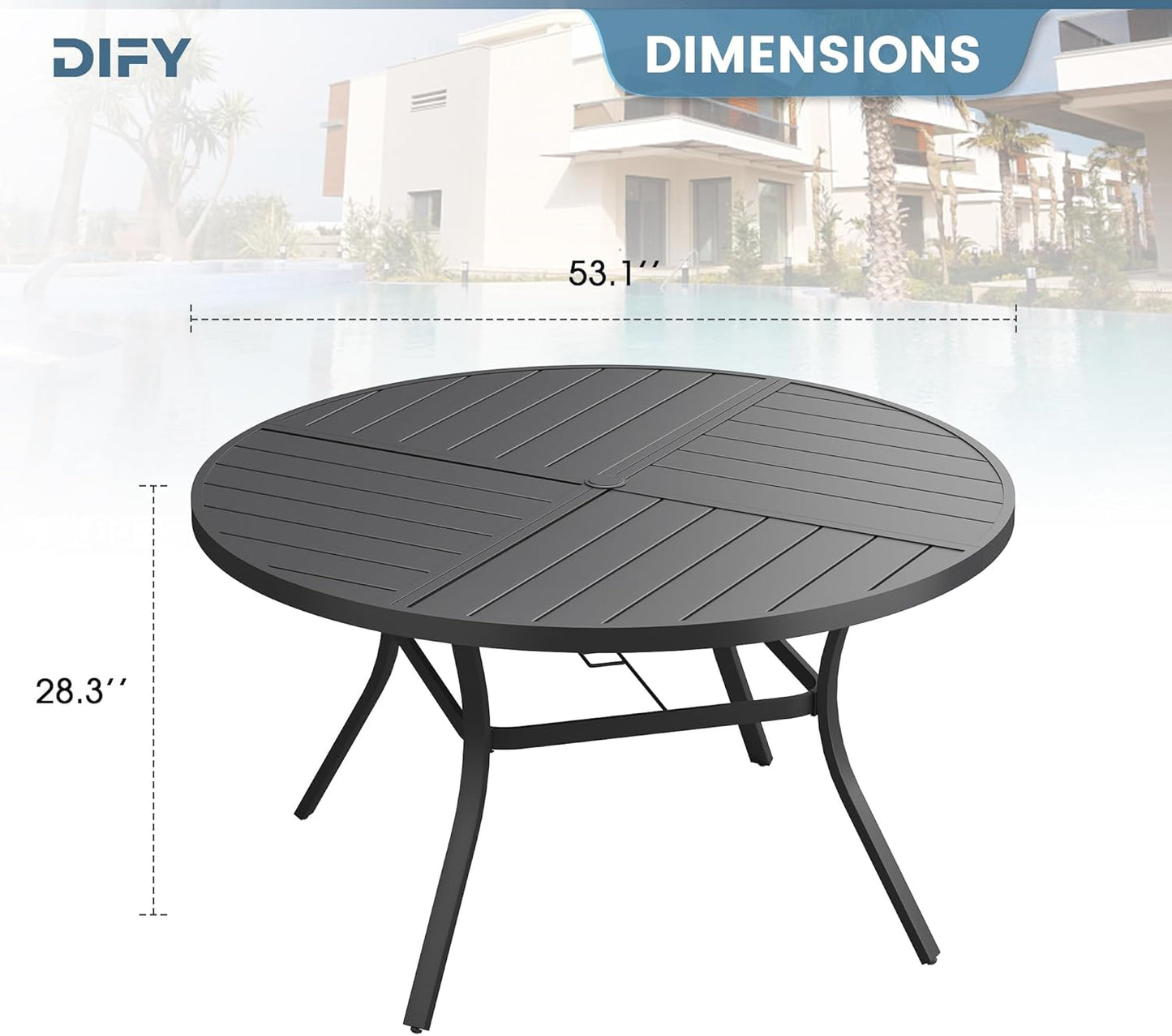 DIFY 53.1" Round Outdoor Patio Dining Table for 6-8, All-Weather Metal Steel Slatted Patio Table with 1.57" Adjustable Umbrella Hole, for Lawn Garden Porch Backyard, Black