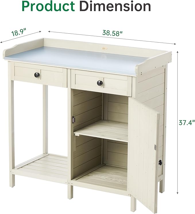 Outdoor Potting Bench with Storage Cabinet & Metal Tabletop, Garden Work Table, Wood Planting Workstation for Patio, w/Drawer