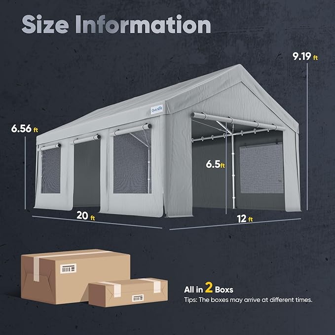 Quictent Heavy Duty 12x20 ft Carports with Side Zipper Doors & Snowproof Steel Cables & Ventilated Windows, Waterproof Storage Shelter for Car, Boat, RV, Outdoor Equipment, Gray