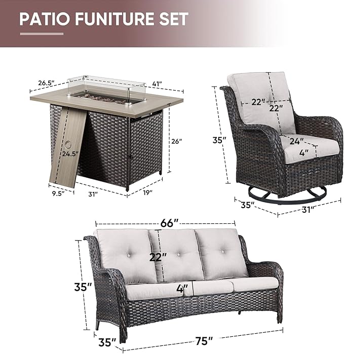 4 Piece Patio Furniture-with 50,000 BTU Gas Propane Fire Pit Table Outdoor Patio Furniture with Swivel Rocker Chairs,Outdoor Couch