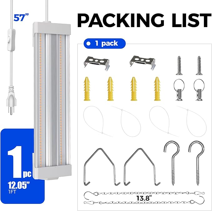 Barrina TX18 1FT LED Grow Light, 18W(90W Equivalent), High PPFD, Super Bright, Full Spectrum Grow Lights for Seed Starting, Greenhouse, Vegetables, Plant Shelves with On/Off Switch, Linkable, 1 Pack
