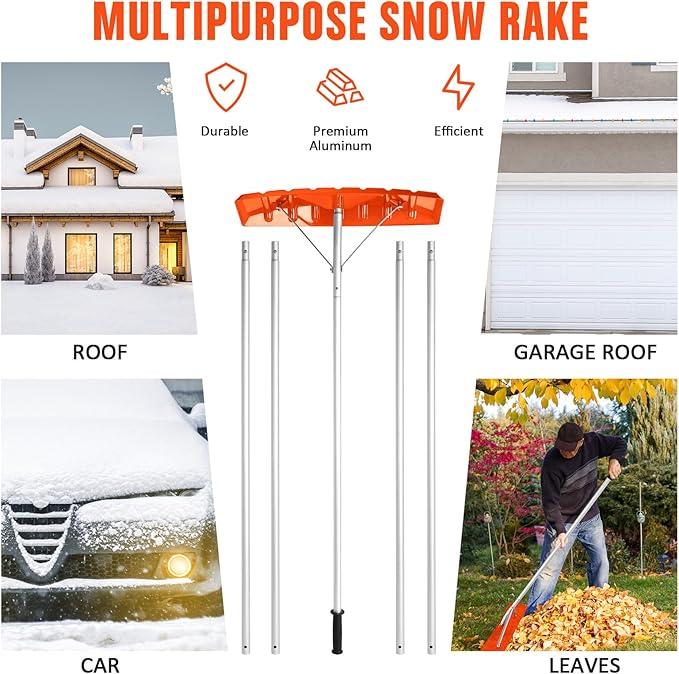 Gisafai Snow Roof Rake Snow Removal Tool with 5 Section Tubes 25 Inch Blade Adjustable 4.8-20 ft Reach Aluminum Shovel Rugged Slide for Single Cabins Car Roof(Orange)