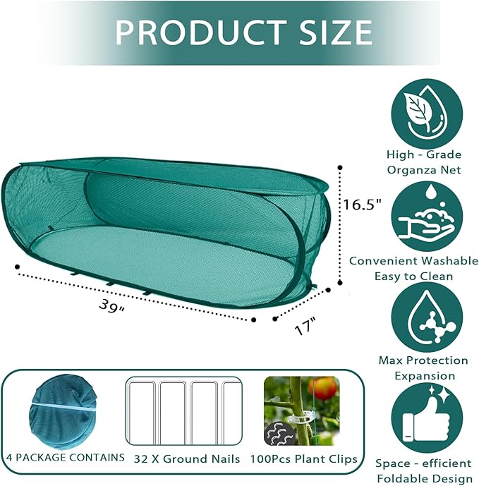 4Pcs 39" x 17" x 16.5" Mesh Pop up Garden Rows Plants Cover with 32 Ground Stakes and 100Pcs Plant Support Clips,Vegetable Mesh Plant Protector Net Cage Guard