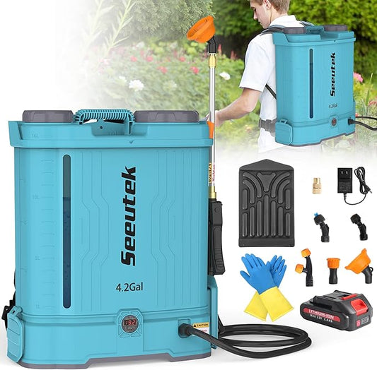 Seeutek Backpack Sprayer Battery Powered 4.2 Gallon, 0-100 PSI Electric Back Pack Sprayer with Mix Function, Weed Yard Sprayer with Telescopic Wand, 6 Nozzles, 21V 2.6Ah Battery & Charger Included
