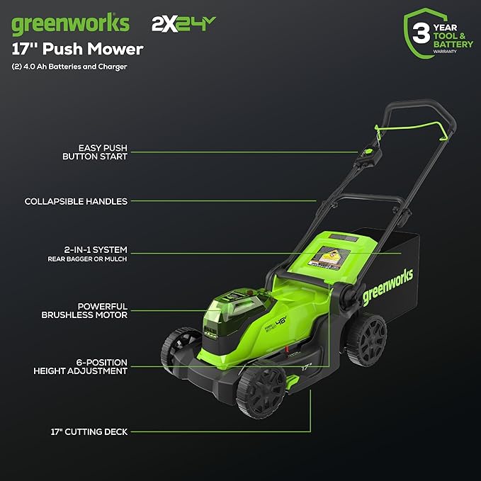 Greenworks 48V (2x24V) 17" Brushless Mower+12" String Trimmer +320CFM Blower,(2) 4.0Ah Batteries and 2A Dual Port Charger