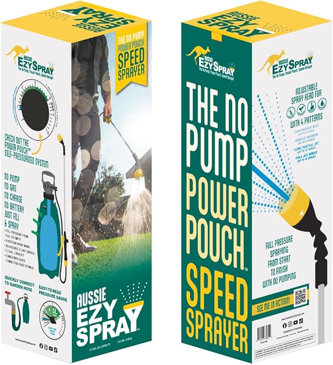 Aussie EzySpray™ 1.3 Gal No-Pump Garden Sprayer – Power Pouch™ Self-Pressurizing, Handheld with 4 Spray Patterns, Comfort Grip Wand, Chemical & Water Use