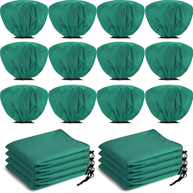 12 Pcs Winter Plant Covers Freeze Protection 39.4x23.6 Inch Horizontal Shrub Tree Rose Plant Protection Bags Frost Blanket with Drawstring for Fall Winter Outdoor Garden Planting (Dark Green)