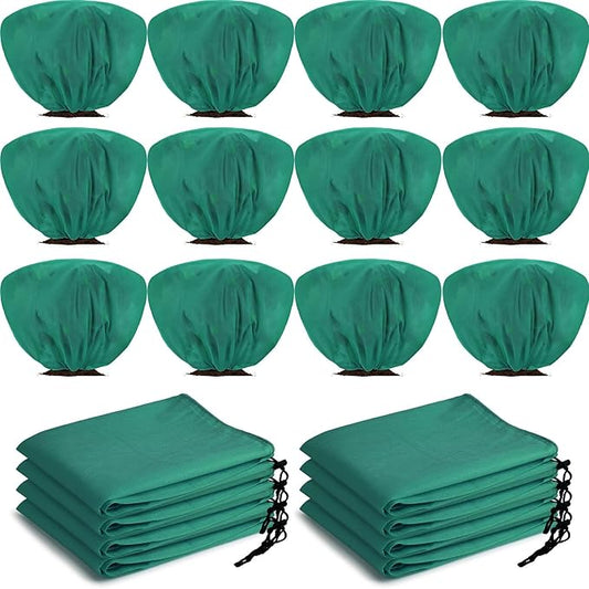 12 Pcs Winter Plant Covers Freeze Protection 39.4x23.6 Inch Horizontal Shrub Tree Rose Plant Protection Bags Frost Blanket with Drawstring for Fall Winter Outdoor Garden Planting (Dark Green)