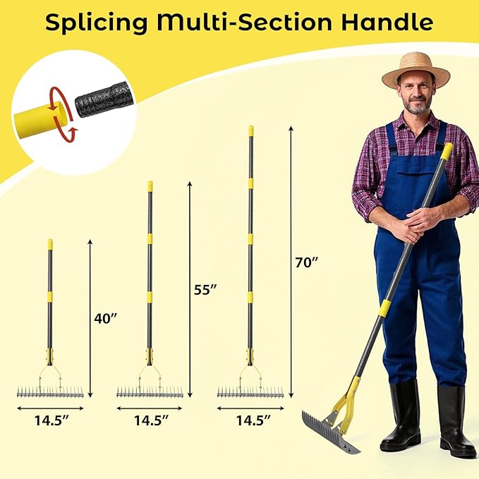 Thatch Rake,69 Inch Garden Thatching Rake for Grass Removal, 15 Inch Wide Heavy Duty 19 Teeth Steel Metal Garden Leaf Rakes,Landscaping Raking Garden Tools for Lawn Care Loosening Leveling Soil Mulch