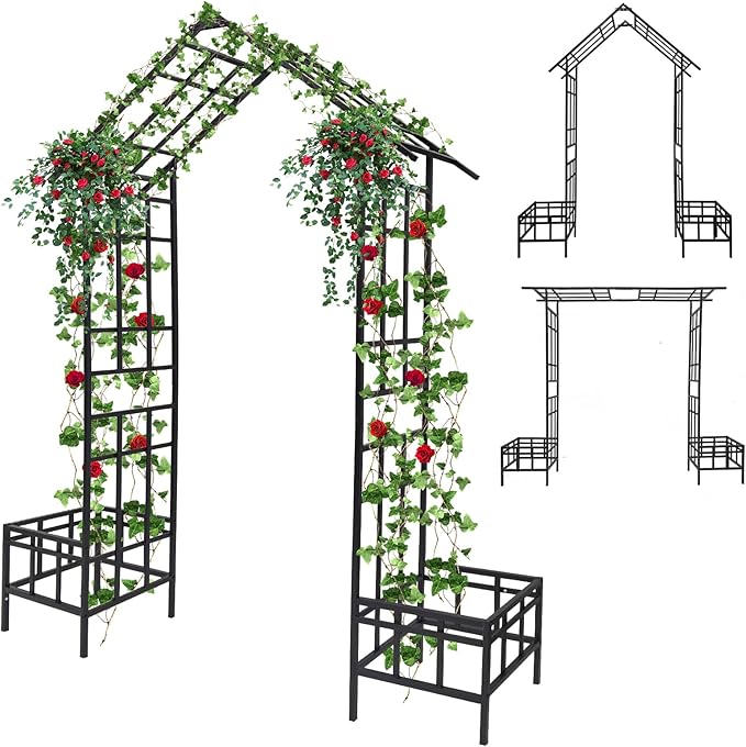 Kalolary 2 in 1 Metal Garden Arbor with Plant Box, 8FT House Shape Garden Arch Trellis for Climbing Plants Heavy Duty Steel Pergola Arch for Wedding Party Backyard Outdoor (Freely Adjustable Width)