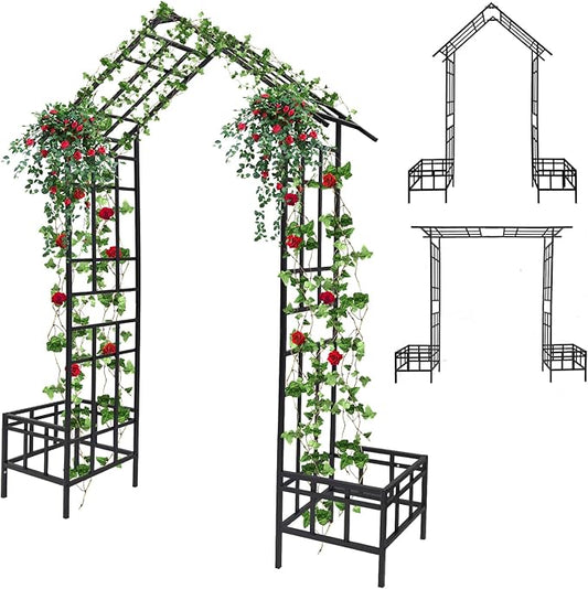 Kalolary 2 in 1 Metal Garden Arbor with Plant Box, 8FT House Shape Garden Arch Trellis for Climbing Plants Heavy Duty Steel Pergola Arch for Wedding Party Backyard Outdoor (Freely Adjustable Width)