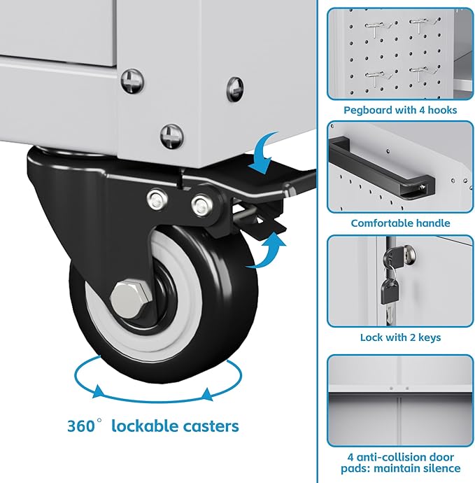 Metal Tool Cabinet with Pegboard and Hooks,Garage Storage Cabinet with Wheels and 2 Lockable Doors for Garage,Home,Office,Assembly Required,White,13.8" D x 26" W x 34.3" H