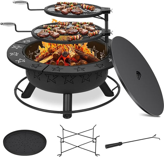 32.5" 3-in-1 Fire Pit Table with Dual Grills – Wood Burning Firepit for Outside Cooking, BBQ Grate & Round Patio Table – Includes Charcoal Pan, Log Rack,Poker & Lid for Backyard, Garden