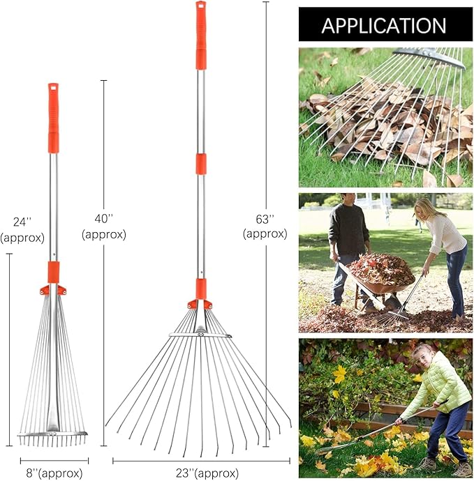 Buyplus Adjustable Garden Leaf Rake - 24 to 63 Inch Telescopic Metal Expandable Folding Leaves Rake, Metal Rake for Leaves, Yard Rakes for Lawn Yard, Flowers Beds, Orange