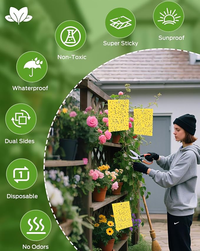 Gnat Sticky Traps for Plants, Plant Bug Sticky Traps Indoor/Outdoor, with Gardening Gloves for Women, 25PCS, Non-Toxic, Odorless, Harmless to Vegetables, Fruits, Plants
