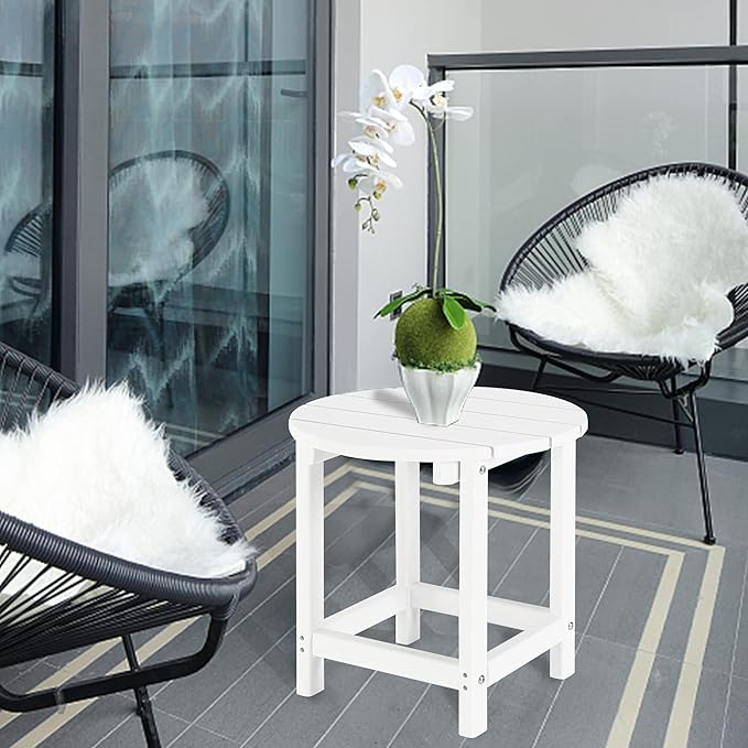 LZRS Round Adirondack Patio Side Table End Table, Outdoor Side Tables for Patio, Backyard,Pool, Indoor Companion, Easy Maintenance & Weather Resistant(White)