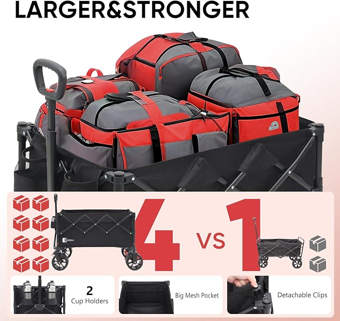 Collapsible Wagon Cart with 440lbs Weight Capacity, Heavy Duty Foldable Wagon with Big All-Terrain Wheels & Drink Holders, Utility Carts for Camping, Garden, Outdoor, Grocery, Sports. Black