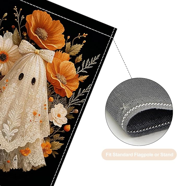 Halloween Garden Flag 12 x 18 Inch Double Sided Ghost Flower Bow Designs Fall Autumn Burlap Yard Flag for Outside Rustic Yard Outdoor Holiday Home Decoration