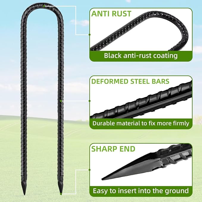 Black Trampoline Stakes Anchors High Wind 16inx10mm Galvanized U Hook 4pcs Rebar Stakes – Heavy Duty Ground Anchors for Trampoline,Yard & Inflatable,Landscape Metal Stakes for Outdoor Decorations