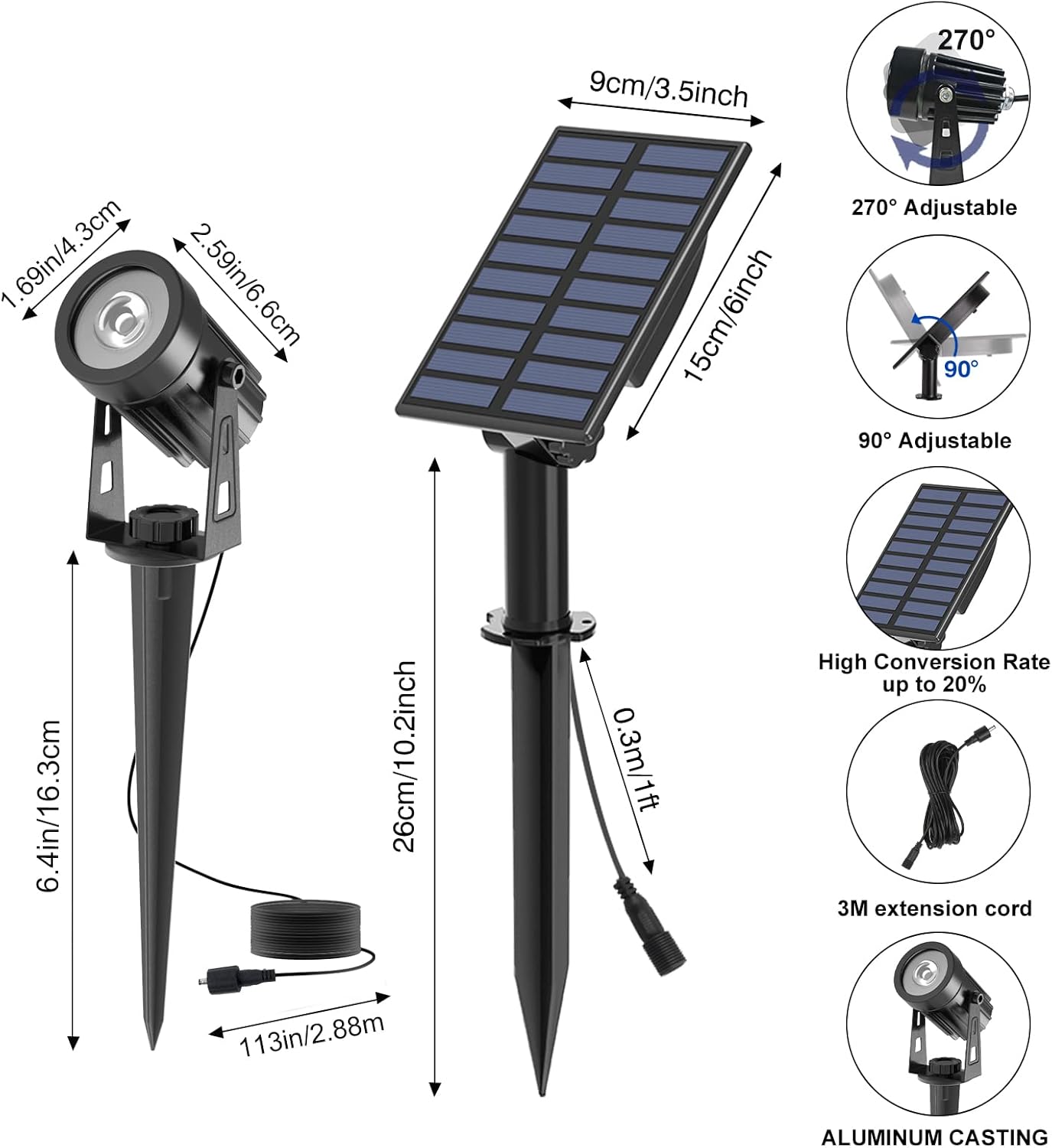 T-SUNUS Halloween Solar Landscape Spotlights Metal, Garden Spot Lights Outdoor IP65 Waterproof 9.8ft Cable Separated Panel, Auto On/Off for Christmas Tree Flag Driveway Pathway Pool Area (White 6000K)