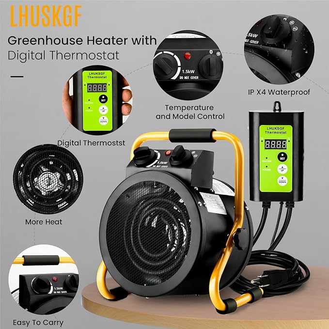Greenhouse Heater with Digital Thermostat, Grow Tent Heaters, Overheat Protection, Fast Heating for Green House, Flower Room, BK