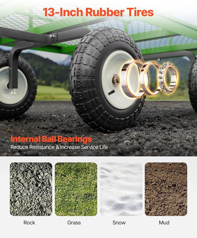 VEVOR 1200 Lbs Steel Garden Cart, Heavy Duty Pullable Garden Wagon Yard Cart, 2 in 1 Outdoor Metal Utility Wagon Yard Trailer with 13" All Terrain Tires, Mesh Removable Sides and 180°Rotating Handle