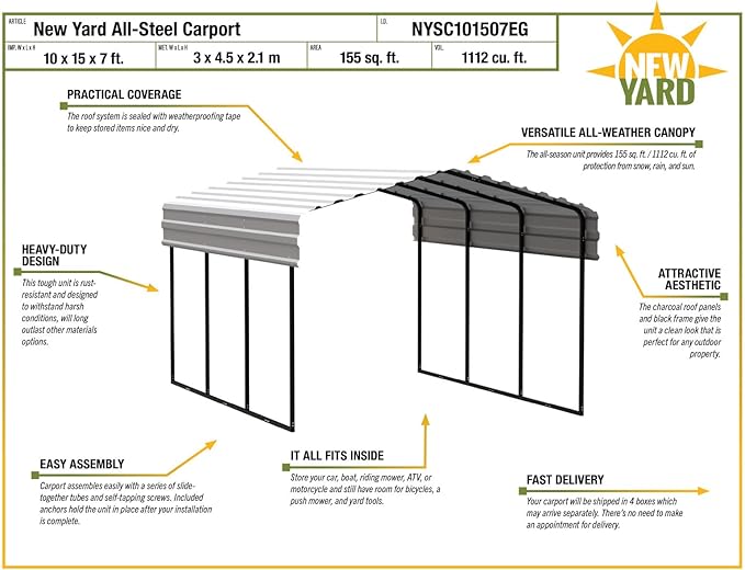 Carport 10 x 15 x 7 ft Eggshell Sturdy All-Steel Heavy Duty Canopy Shelter with Metal Frame for Parking a Car, SUV, Truck, Boat, Motorcycle, and Other Vehicles Outdoor in Your Driveway