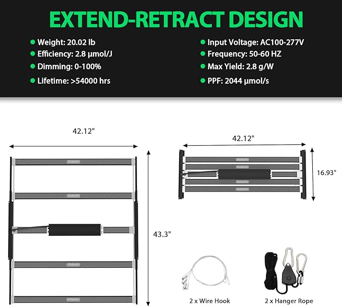 A ANLEOLIFE Stretchable LED Grow Lights with LM301H EVO Diodes 730W Full Spectrum Dimmable Daisy Chain 5x5ft Coverage Bar Style Commercial Growing Lamp for Greenhouses Plants