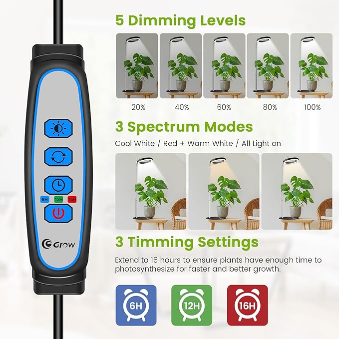 Grow Lights for Indoor Plants, 80 LEDs Full Spectrum Plant Grow Light with 2 Mounting Options, 6/12/16H Timer, 3 Spectrum Modes, 37 in Height Adjustable Desk Growing Lamp (Black/2-Pack)