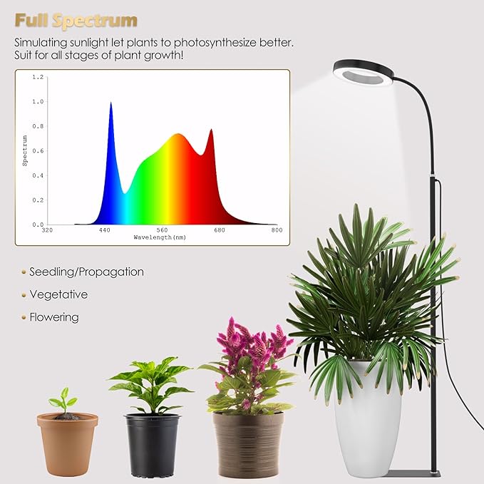 GLOWRIUM Grow Lights for Indoor Plants, 20W Full Spectrum LED Grow Light Floor Lamp with Stand Adjustable Height and Angle, Black Plant Light with 3/9/12H Grow Light Timer