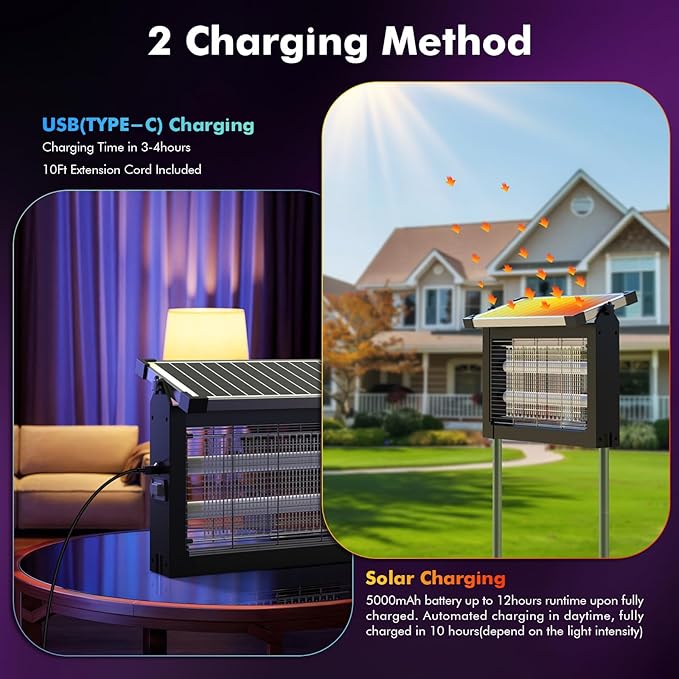 OKK Solar Bug Zapper Outdoor 4500V, Mosquito Zapper Waterproof Electric Fly Zapper with 10W Solar Panel, Rechargeable Mosquito Killer Lamp, Cordless Fly Trap for Patios, Gardens, Camping, Backyard