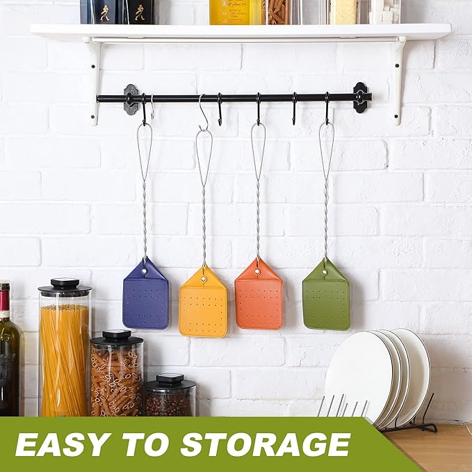 Zopeal 4 Pcs Sturdy Leather Fly Swatter 17 Inch Long Handle Manual Swat Heavy Duty Metal Handle Flyswatter Rustic Fly Swatter for Indoor Outdoor(Orange, Green, Yellow, Purple)