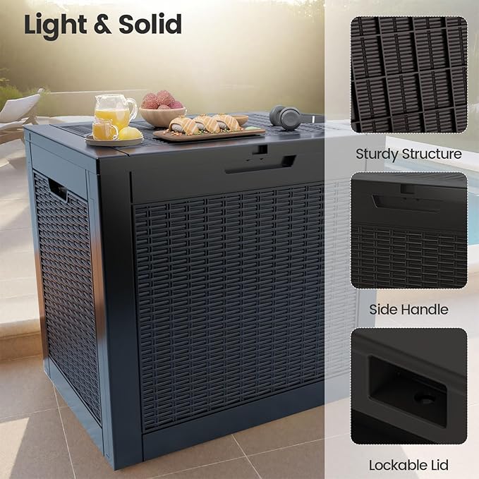 31 Gallon Outdoor Storage Box - Waterproof Resin Rattan Deck Bin for Indoor & Outdoor Use - Lockable & UV Resistant - Ideal for Package Delivery, Patio Cushions & Gardening Tools, Black