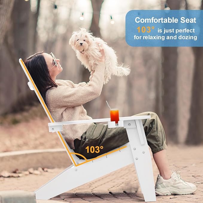 MXIMU Modern Adirondack Chairs Set of 4 Weather Resistant with Cup Holder Oversize Plastic Fire Pit Chairs Plastic Outdoor Chairs for Firepit Area Seating (White)