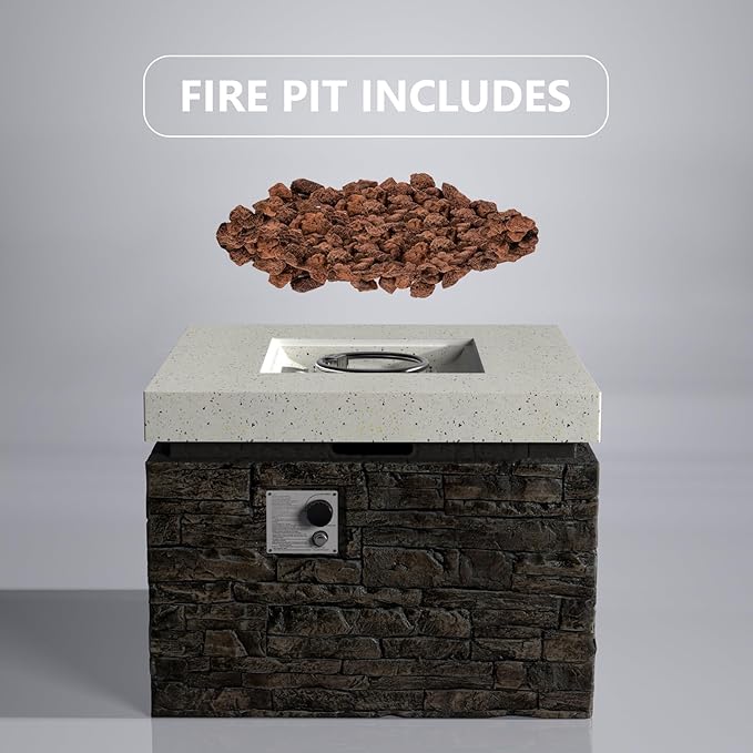 COSIEST 32-inch Outdoor Propane Fire Pit Table, Square Fire Table w Faux Brown Ledgestone, 40,000 BTU Stainless Steel Burner, Free Lava Rocks, Fits 20lb Tank Inside