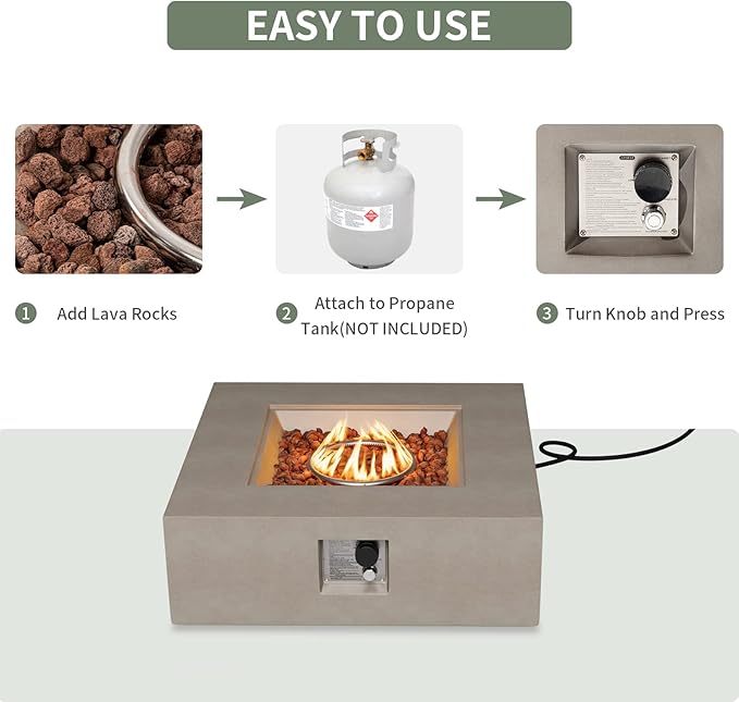 COSIEST Outdoor Propane Fire Pit Coffee Table w Square Faux Stone 35-inch Base, 50,000 BTU Stainless Steel Burner, Free Lava Rocks and Rain Cover(Gray)